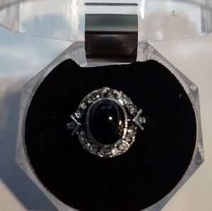 Handcrafted Black, rhinestone and alloy ring size 5